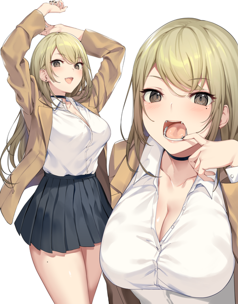 Anime-Bild 1258x1600 mit original ikomochi long hair tall image looking at viewer blush fringe breasts open mouth light erotic simple background blonde hair large breasts standing white background brown eyes payot cleavage pleated skirt open clothes