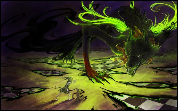 Anime picture 1440x900 with homestuck bec noir wide image teeth fang (fangs) scar checkered floor animal wings ring monster claws wolf