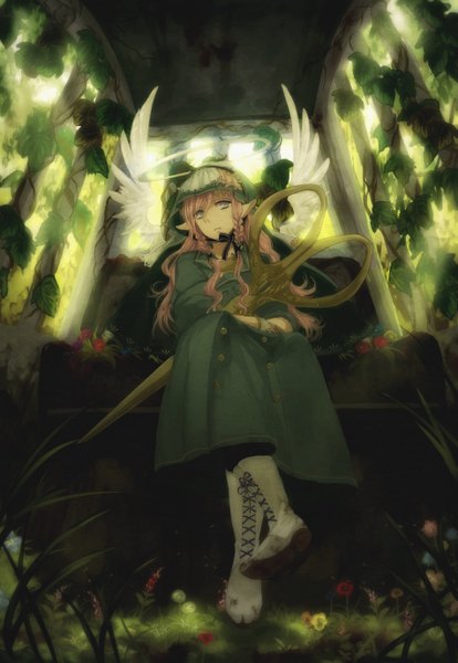 Anime picture 1899x2753 with original kyanarinu single long hair tall image highres sitting animal ears pink hair braid (braids) pointy ears sunlight from below twin braids white wings girl flower (flowers) plant (plants) wings boots