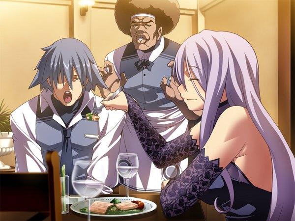 Anime picture 1024x768 with hotel (game) long hair short hair open mouth smile bare shoulders game cg eyes closed grey hair eating afro girl boy gloves elbow gloves food