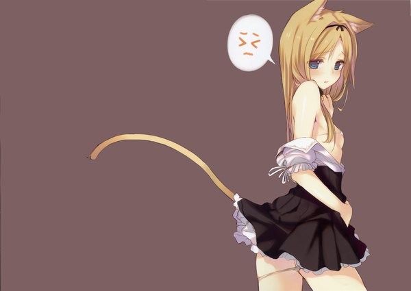 Anime picture 4249x3014 with original tatami to hinoki single long hair looking at viewer blush highres blue eyes light erotic blonde hair simple background bare shoulders animal ears absurdres tail animal tail pointy ears > < girl underwear