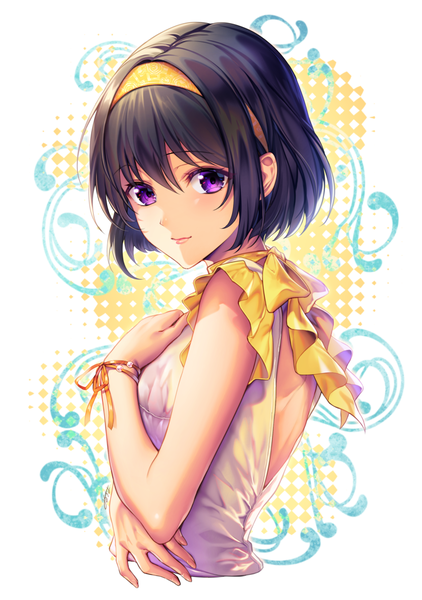 Anime picture 856x1217 with original milcho single tall image looking at viewer blush fringe short hair black hair hair between eyes purple eyes upper body lips short sleeves hand on chest girl dress bracelet hairband white dress