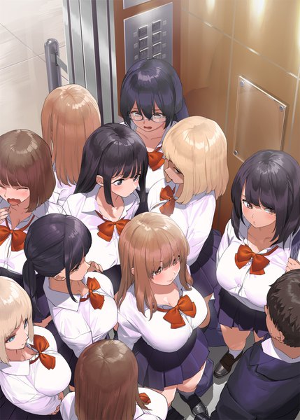 Anime picture 800x1119 with original kaisen chuui long hair tall image blush fringe short hair breasts open mouth blue eyes black hair blonde hair brown hair large breasts standing multiple girls brown eyes looking away ponytail indoors