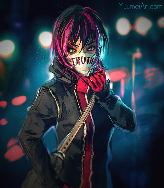 Anime picture 1312x1500 with fisheye placebo allie yuumei single tall image fringe short hair black hair hair between eyes signed yellow eyes looking away pink hair upper body long sleeves multicolored hair arm up blurry inscription two-tone hair