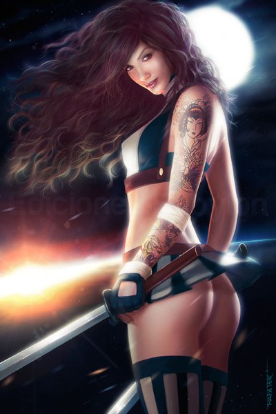 Anime picture 1024x1536 with rafater (artist) single long hair tall image looking at viewer light erotic brown hair purple eyes bare shoulders ass lips realistic night tattoo girl thighhighs gloves weapon miniskirt sword