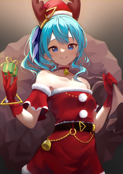 Anime picture 2100x2970 with virtual youtuber hololive hoshimachi suisei kaiwa single long hair tall image looking at viewer fringe highres blue eyes smile hair between eyes holding blue hair horn (horns) off shoulder side ponytail christmas bell collar