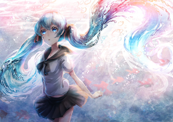 Anime picture 2722x1922 with vocaloid hatsune miku bottle miku raymond busujima single fringe highres open mouth blue eyes hair between eyes twintails looking away very long hair pleated skirt aqua hair short sleeves looking up underwater liquid hair girl