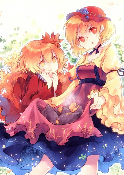 Anime picture 777x1099 with touhou aki minoriko aki shizuha kieta tall image short hair open mouth blonde hair smile red eyes multiple girls yellow eyes girl dress skirt hair ornament 2 girls hat food leaf (leaves)