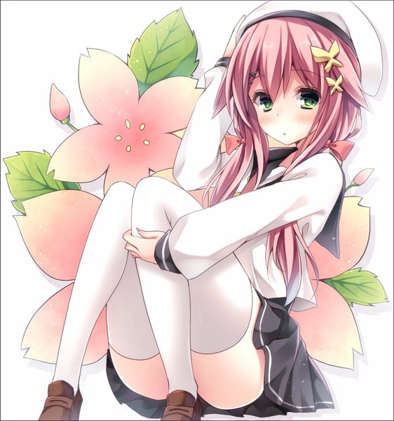 Anime picture 750x800 with original komomo (ptkrx) single long hair tall image blush light erotic sitting twintails green eyes pink hair bent knee (knees) pleated skirt hand on head floral background girl thighhighs skirt hair ornament flower (flowers)