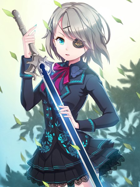 Anime picture 800x1067 with sword girls iri flina kail single tall image looking at viewer short hair open mouth blue eyes outdoors wind grey hair girl dress weapon sword leaf (leaves) eyepatch