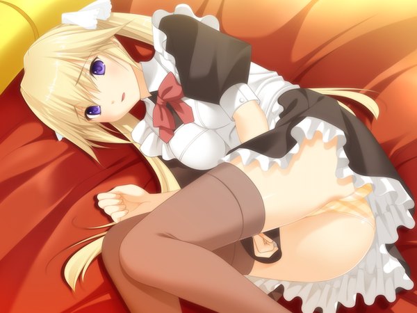 Anime picture 1024x768 with fluorite memories long hair light erotic blonde hair twintails purple eyes game cg lying maid girl thighhighs underwear panties black thighhighs