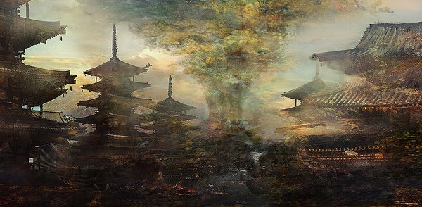 Anime picture 1300x638 with original lokijuhyd evilvit wide image sky no people architecture east asian architecture plant (plants) tree (trees) building (buildings) pagoda