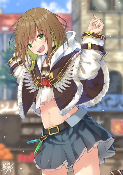 Anime picture 1020x1450 with original miko fly single tall image looking at viewer blush fringe short hair open mouth smile hair between eyes brown hair standing green eyes signed sky cloud (clouds) outdoors long sleeves head tilt