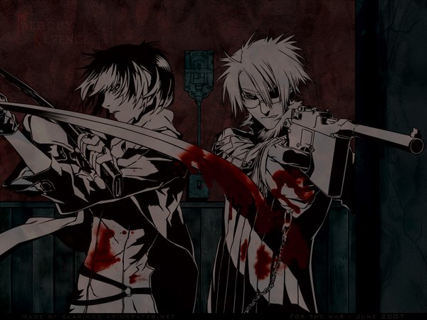 Anime picture 1600x1200 with dogs: bullets & carnage david production haine rammsteiner fuyumine naoto miwa shirow official art boy sword katana gun blood