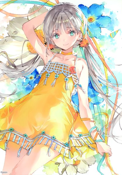 Anime picture 2097x3011 with original dsmile single long hair tall image looking at viewer blush fringe highres blue eyes smile twintails arm up hair flower grey hair scan sleeveless arm behind head floral background girl