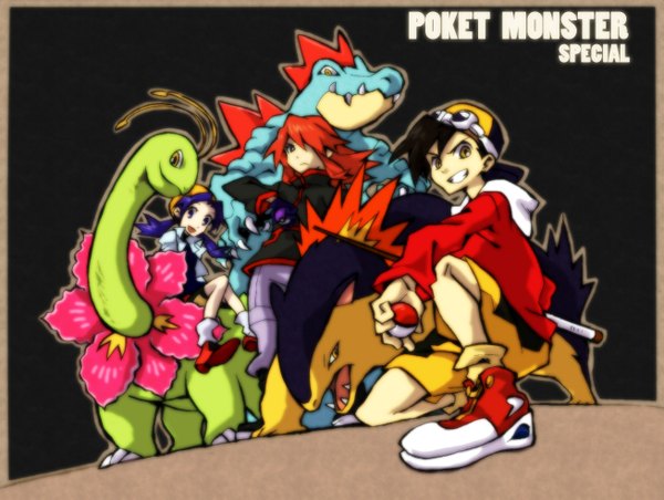 Anime picture 1308x987 with pokemon pokemon special pokemon heartgold and soulsilver nintendo gold (pokemon) silver (pokemon) typhlosion meganium feraligatr crystal (pokemon) shinoasa long hair fringe open mouth blue eyes black hair smile twintails yellow eyes blue hair