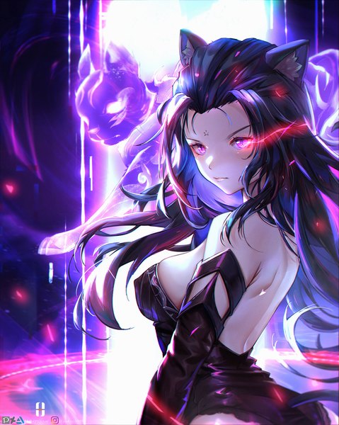 Anime picture 1421x1780 with douluo continent zhu zhuqing (douluo dalu) hbattousai single long hair tall image blush fringe breasts light erotic black hair hair between eyes large breasts standing purple eyes bare shoulders animal ears looking away tail animal tail