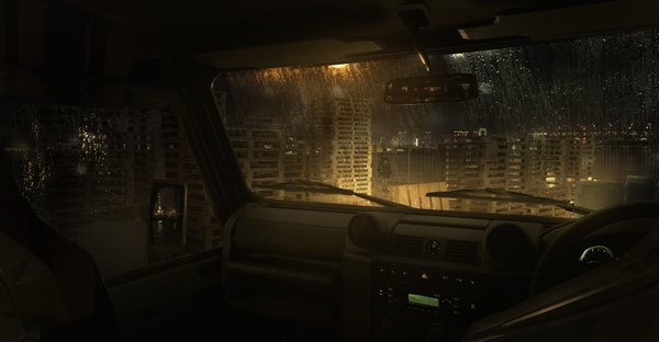 Anime picture 7000x3646 with lavender quartz lm7 (op-center) single highres short hair wide image standing looking away absurdres grey hair from behind night city rain city lights car interior girl ribbon (ribbons) hair ribbon jacket