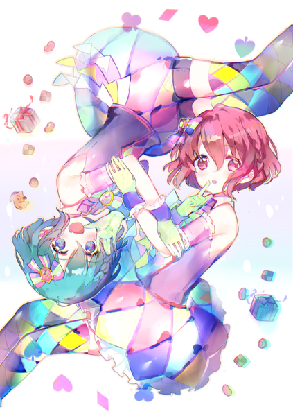 Anime picture 600x850 with puri para pretty (series) leona west dorothy west atsumi jun tall image looking at viewer fringe short hair open mouth blue eyes hair between eyes bare shoulders pink hair pink eyes aqua hair finger to mouth siblings twins otoko no ko