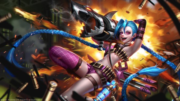 Anime picture 1600x900 with league of legends jinx (league of legends) liang xing single looking at viewer fringe open mouth light erotic smile hair between eyes wide image holding signed blue hair bent knee (knees) braid (braids) very long hair pink eyes blurry realistic