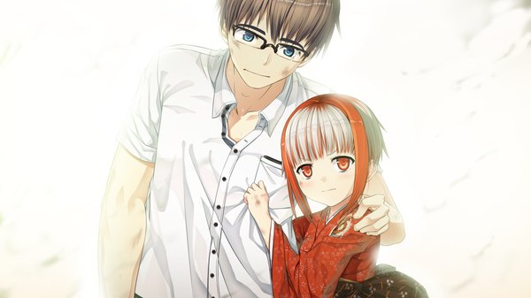 Anime picture 2560x1440 with monobeno sumi (monobeno) cura highres short hair blue eyes simple background red eyes brown hair wide image game cg japanese clothes multicolored hair girl boy shirt glasses kimono