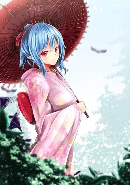 Anime picture 1435x2035 with touhou remilia scarlet sinkai single tall image looking at viewer blush fringe short hair smile red eyes standing blue hair long sleeves traditional clothes japanese clothes pointy ears blurry hair bun (hair buns) alternate costume