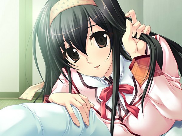 Anime picture 1024x768 with sakura no shippo (game) long hair black hair game cg black eyes girl uniform hair ornament ribbon (ribbons) hair ribbon school uniform serafuku hairband