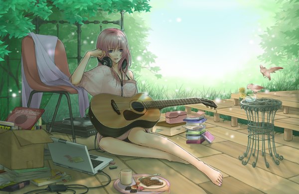 Anime picture 2122x1378 with vocaloid megurine luka shirano (artist) single long hair fringe highres purple eyes pink hair barefoot light smile off shoulder alternate costume headphones around neck girl flower (flowers) plant (plants) animal tree (trees) food