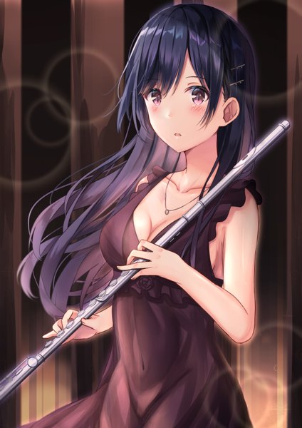 Anime picture 1191x1684 with original tsukasa tsubasa single long hair tall image looking at viewer blush fringe breasts open mouth black hair hair between eyes standing purple eyes bare shoulders holding cleavage upper body indoors fingernails