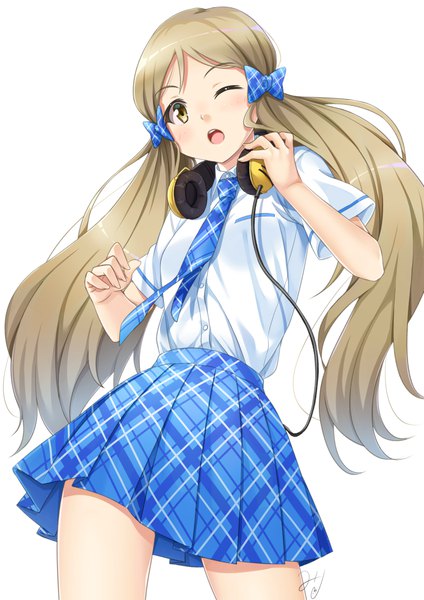 Anime-Bild 827x1169 mit idolmaster idolmaster million live! handa roko miri (ago550421) single long hair tall image looking at viewer blush open mouth simple background brown hair white background twintails brown eyes signed one eye closed plaid skirt headphones around neck hand on headphones
