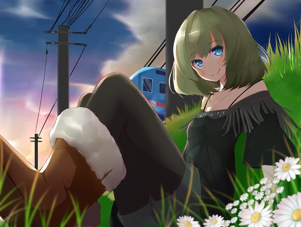 Anime picture 1200x906 with idolmaster idolmaster cinderella girls takagaki kaede beniyosweet009 single looking at viewer short hair blue eyes smile sky cloud (clouds) green hair fur trim girl flower (flowers) fur knee boots wire (wires) train chamomile