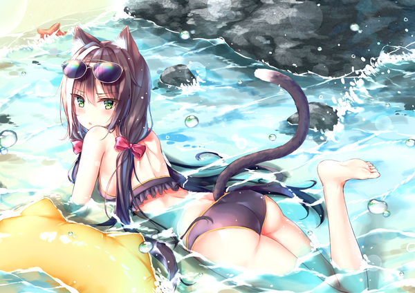Anime-Bild 1839x1300 mit princess connect! re:dive princess connect! karyl (princess connect!) beliatan single long hair looking at viewer blush fringe highres breasts open mouth light erotic black hair hair between eyes twintails green eyes animal ears outdoors ass