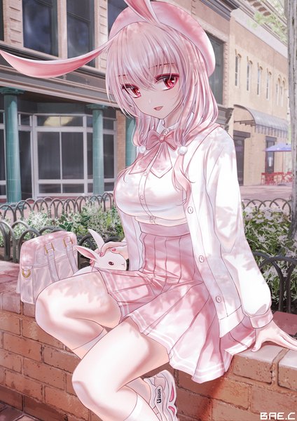 Anime picture 1000x1414 with tsumi no hahen (debris) lirin (bae.c) bae.c single long hair tall image blush fringe open mouth smile hair between eyes red eyes sitting signed animal ears looking away pink hair bent knee (knees) outdoors nail polish