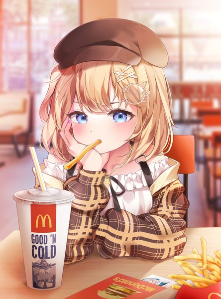 Anime picture 1933x2610 with virtual youtuber hololive hololive english mcdonald's watson amelia meul single tall image looking at viewer blush fringe highres short hair breasts blue eyes blonde hair sitting indoors blunt bangs long sleeves