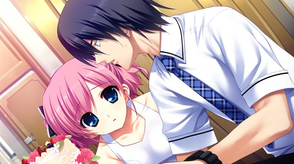 Anime picture 1024x575 with grisaia no kajitsu komine sachi kazami yuuji fumio (ura fmo) short hair blue eyes black hair wide image pink hair game cg girl boy shirt necktie sweets cake