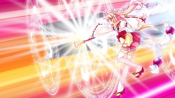 Anime picture 1024x576 with legend seven (game) long hair open mouth wide image twintails animal ears yellow eyes pink hair game cg ahoge magic girl thighhighs white thighhighs magic circle