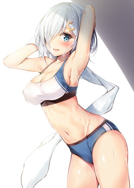 Anime picture 700x976 with kantai collection hamakaze destroyer xe (execut3r) single tall image looking at viewer blush fringe short hair breasts open mouth blue eyes light erotic simple background large breasts white background bare shoulders silver hair :d hair over one eye