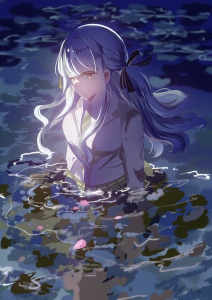 Anime picture 2480x3508 with bang dream! bang dream! it's mygo!!!!! togawa sakiko sakana (591359362) single long hair tall image fringe highres standing yellow eyes silver hair outdoors blunt bangs from above one side up partially submerged looking down reflection girl