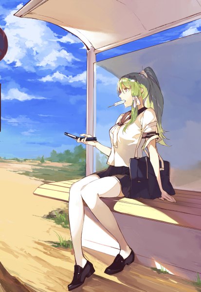 Anime picture 1800x2615 with touhou kochiya sanae duoyuanjun single long hair tall image highres sitting holding yellow eyes sky cloud (clouds) outdoors ponytail green hair arm support alternate costume mouth hold alternate hairstyle girl
