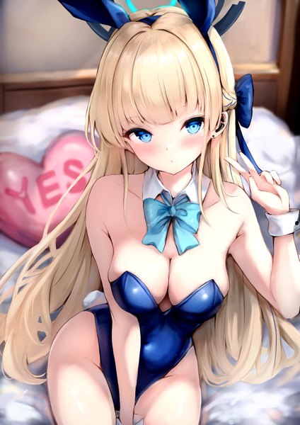 Anime picture 1447x2047 with blue archive toki (blue archive) toki (bunny) (blue archive) littlehobby single long hair tall image looking at viewer blush fringe breasts blue eyes light erotic blonde hair large breasts animal ears cleavage blunt bangs arm up bunny ears