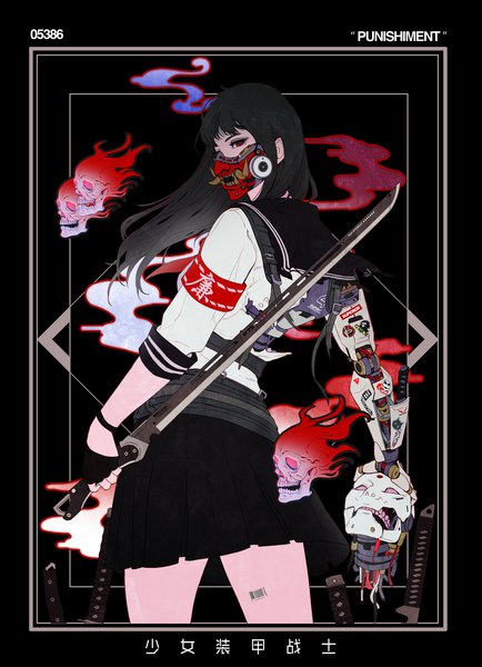 Anime picture 2000x2764 with original gharly single long hair tall image looking at viewer fringe highres black hair red eyes standing holding profile pleated skirt from behind mole tattoo mole under eye floating hair torn clothes