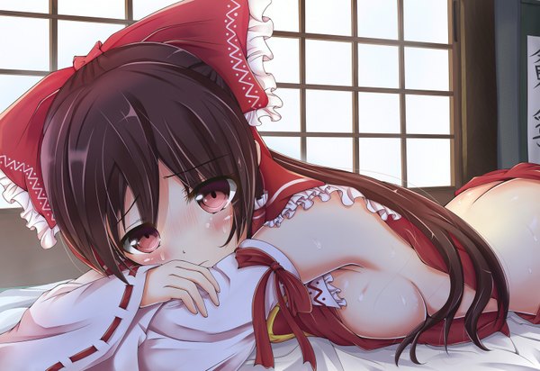 Anime picture 1600x1100 with touhou hakurei reimu tenchou no matsumoto long hair looking at viewer blush breasts light erotic black hair red eyes girl bow hair bow detached sleeves
