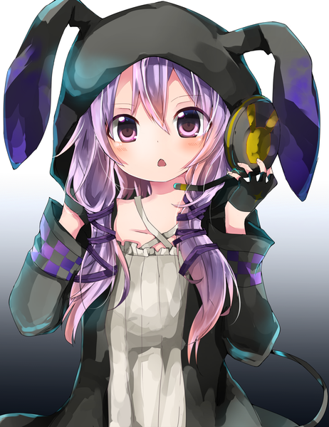 Anime picture 1203x1563 with vocaloid voiceroid yuzuki yukari yuzuki yukari (lin) tosura-ayato single long hair tall image looking at viewer blush fringe open mouth purple eyes twintails animal ears purple hair open clothes open jacket bunny ears low twintails