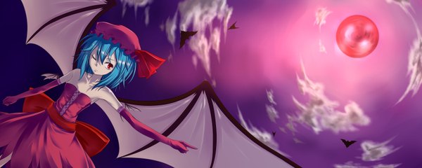 Anime picture 3000x1200 with touhou remilia scarlet seark single highres short hair red eyes wide image blue hair sky cloud (clouds) one eye closed wink red moon girl dress gloves wings elbow gloves bonnet