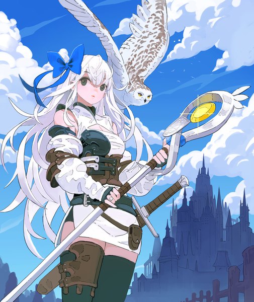 Anime picture 6164x7320 with original arowana2111 single long hair tall image fringe highres breasts hair between eyes standing bare shoulders holding looking away absurdres sky cleavage cloud (clouds) outdoors white hair long sleeves