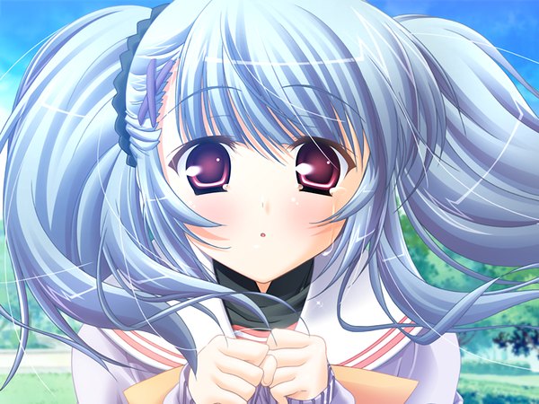 Anime picture 1200x900 with gakuto (game) red eyes twintails game cg grey hair tears close-up girl