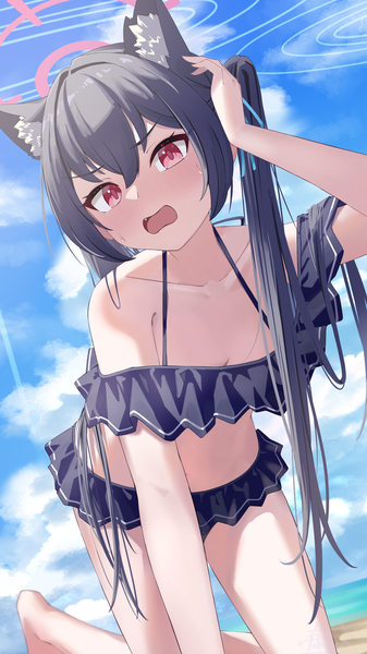 Anime picture 2302x4093 with blue archive serika (blue archive) serika (swimsuit) (blue archive) fukujin single long hair tall image looking at viewer fringe highres open mouth light erotic black hair hair between eyes red eyes twintails animal ears sky cloud (clouds) official alternate costume