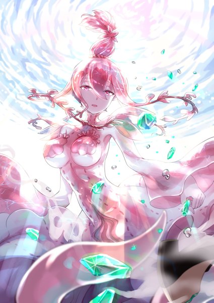 Anime picture 1417x2000 with houseki no kuni ventricosus kanipanda single tall image looking at viewer fringe short hair breasts open mouth light erotic hair between eyes large breasts pink hair cleavage pink eyes wide sleeves monster girl spoilers girl
