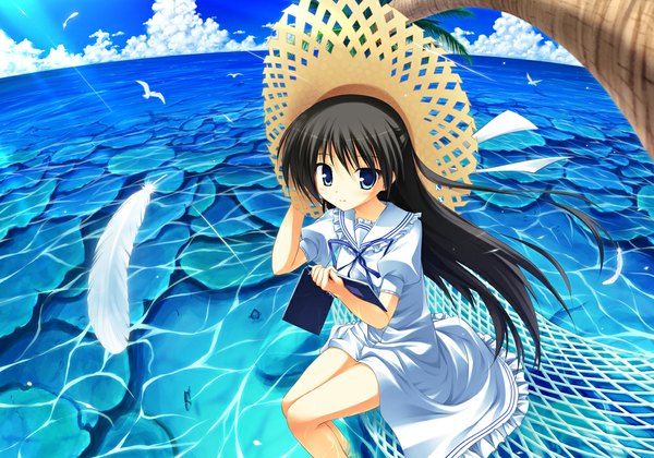 Anime picture 1000x700 with natsuzora kanata kousaka chihaya yuku (kiollion) single long hair looking at viewer blue eyes black hair sky cloud (clouds) from above wind horizon girl hat feather (feathers) sundress straw hat hammock