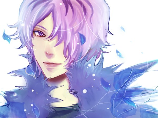 Anime picture 1024x768 with ib (game) garry (ib) single fringe short hair simple background white background purple eyes purple hair hair over one eye boy petals